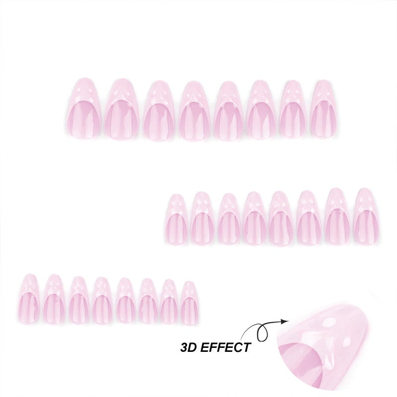 SINHOT Stiletto Press on Nails Long Fake Nails Pink Acrylic Nails Glossy Glue on Nails 3D Swirl Almond Artificial Nails Stick on French Tip False Nails with Design 24 pcs - Image 3